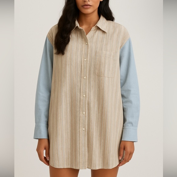 Millibon Women's Long Sleeve Striped Shirt Dress - Cream and Light Blue - Picture 1 of 8